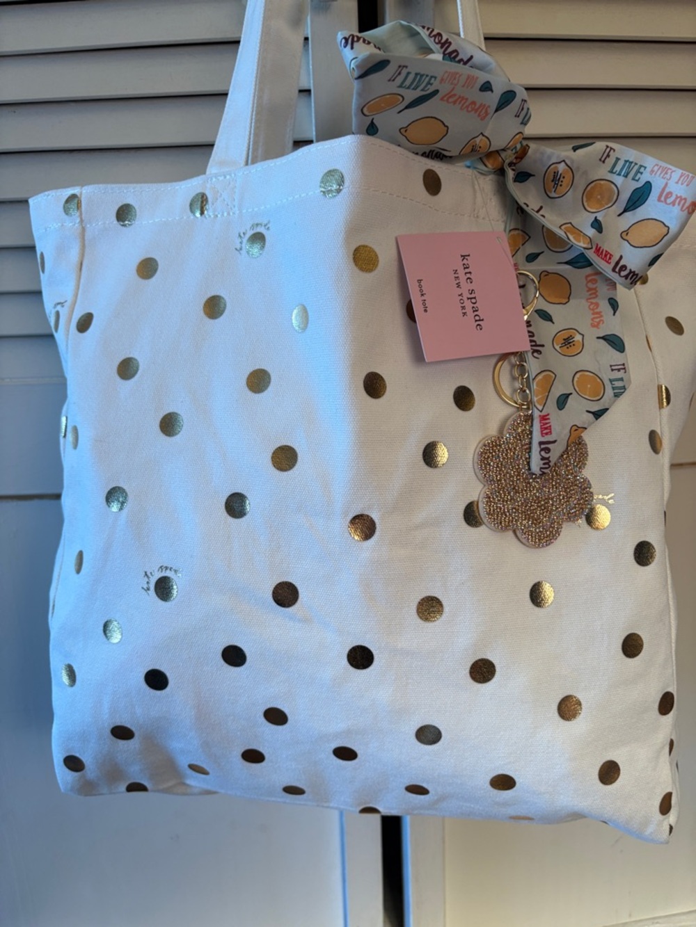 kate spade White Tote with Gold Polka Dots and Charm Scarf - Picture 3 of 5